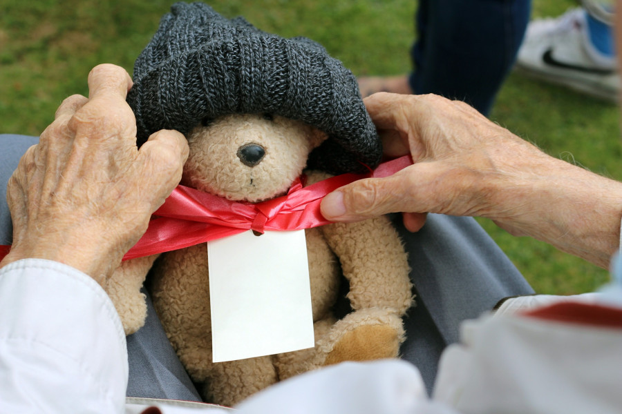 Elderly hands holding a stuffed toy.