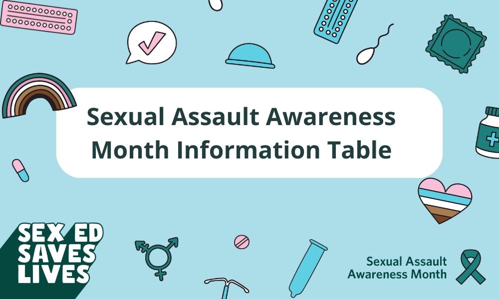 Sexual Assault Awareness month graphic which includes contraceptive related icons.