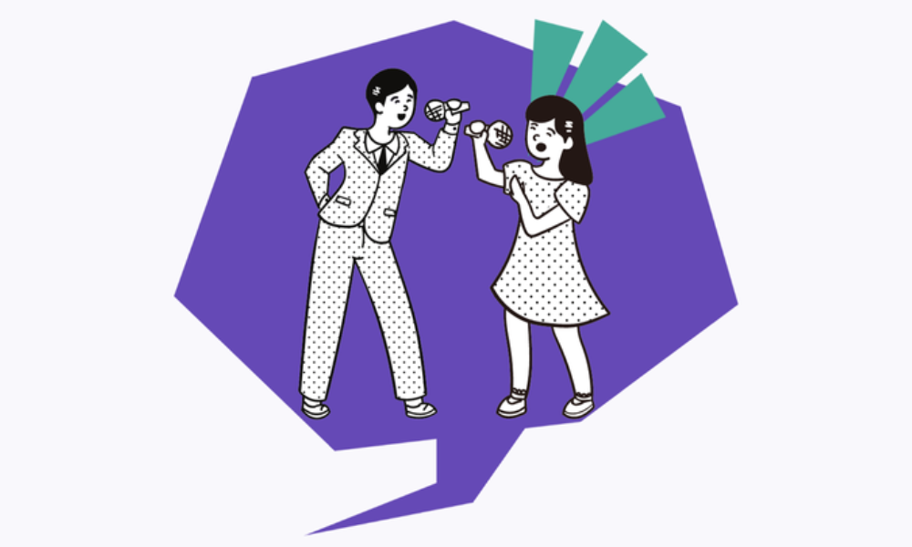 IWC event graphic symbolising a purple speech bubble with two individuals found inside holding mics.