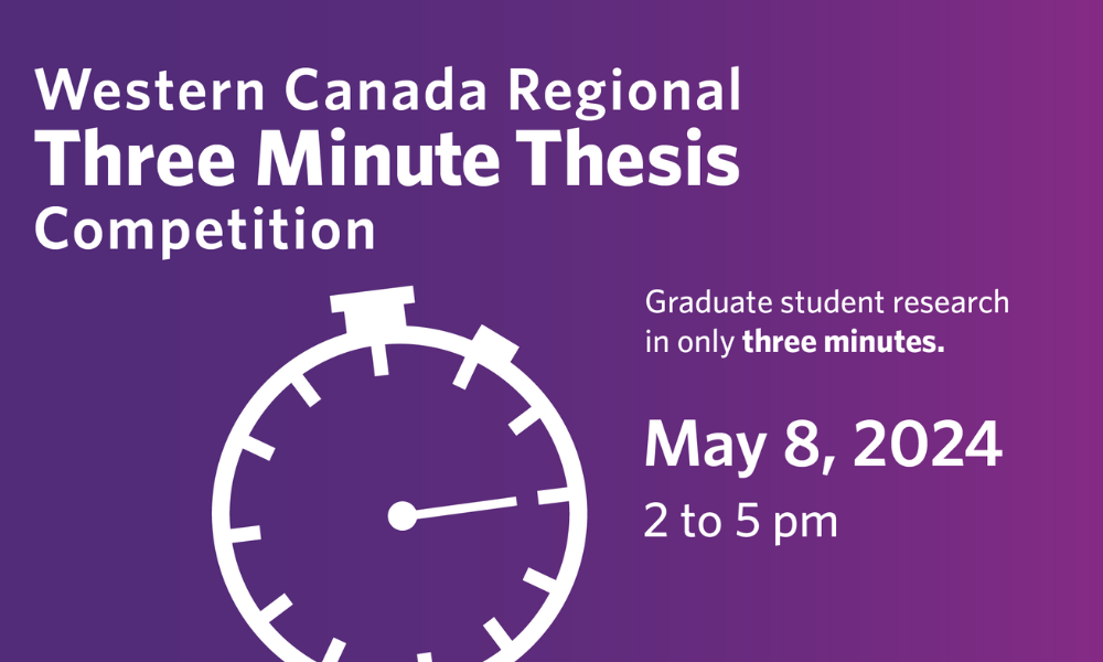 A clock face showing 3.15 graphic to promote the Western Canada Regional Three Minute Thesis (3MT) Competition.
